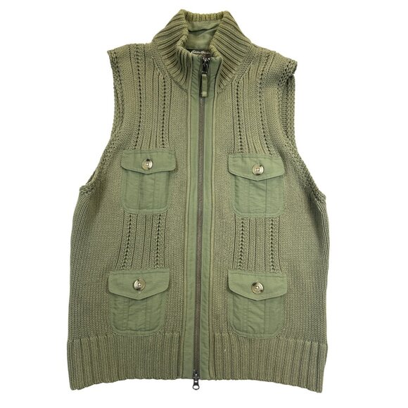 Eddie Bauer Sweater Vest Womens L Green Zip‎ Front Cotton - Picture 1 of 7